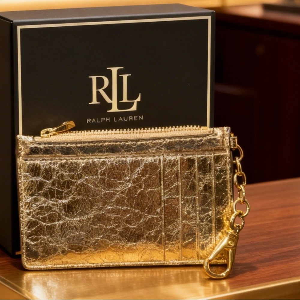 Ralph Lauren Metallic Gold Card Case with Chain - Picture 2 of 9